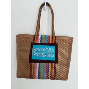 Handwoven Recycled Plastic Tote Bag Mexican Market Floral Embroidered Patch Gold